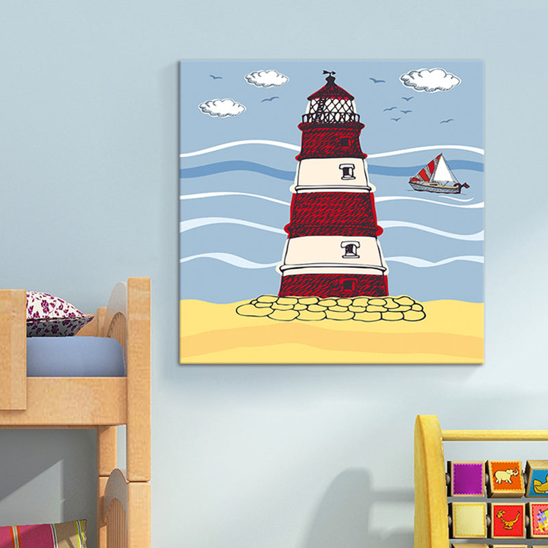 Blue Riverside Lighthouse Wall Art Architecture Kids Textured Canvas for Play Room