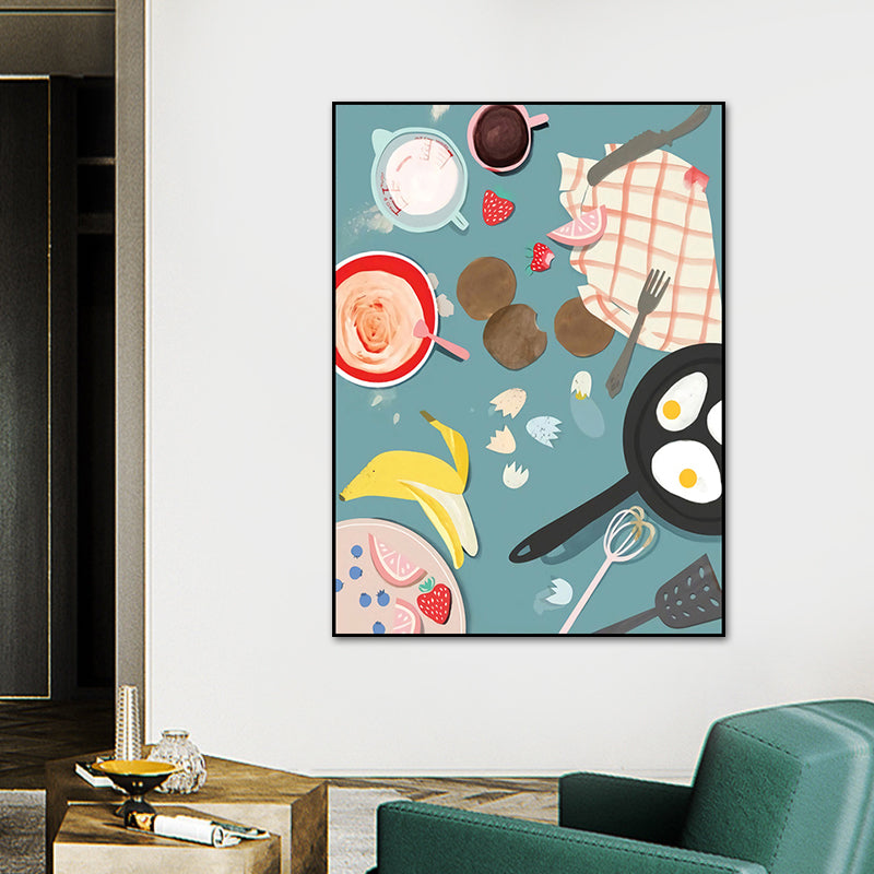 Illustration Childrens Art Canvas Print with Breakfast Pattern in Pastel Color, Textured