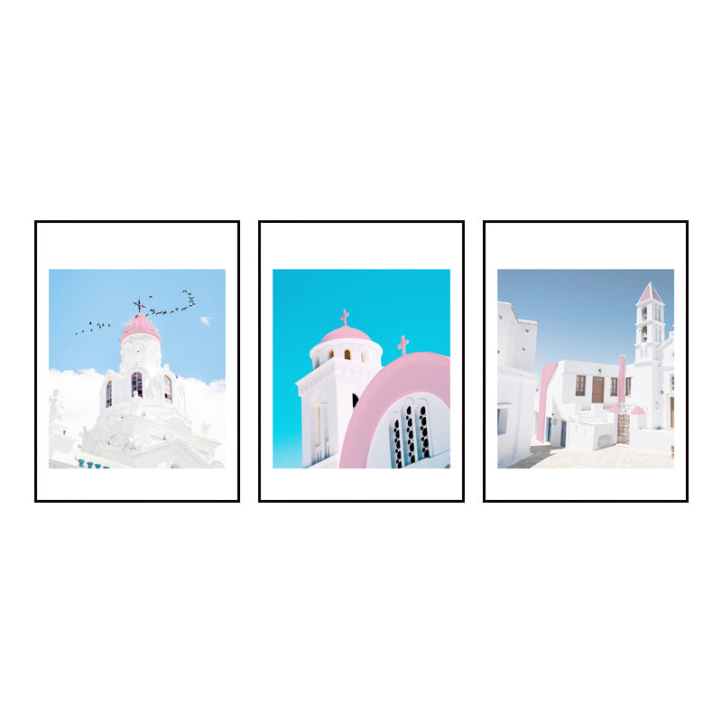 European Architecture Drawing Canvas Contemporary Textured Wall Art Set in Blue-White