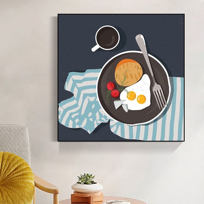 Cartoon Food Breakfast Wall Art Dark Color Textured Canvas Print for Dining Room