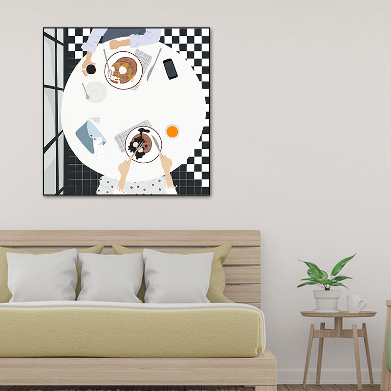 Cartoon Food Breakfast Wall Art Dark Color Textured Canvas Print for Dining Room