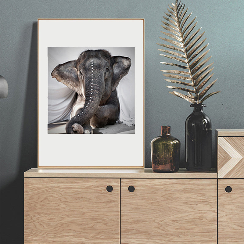 Contemporary Style Lying Elephant Canvas Gray Textured Art Print for Dining Room