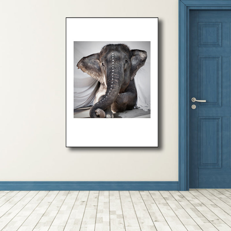 Contemporary Style Lying Elephant Canvas Gray Textured Art Print for Dining Room