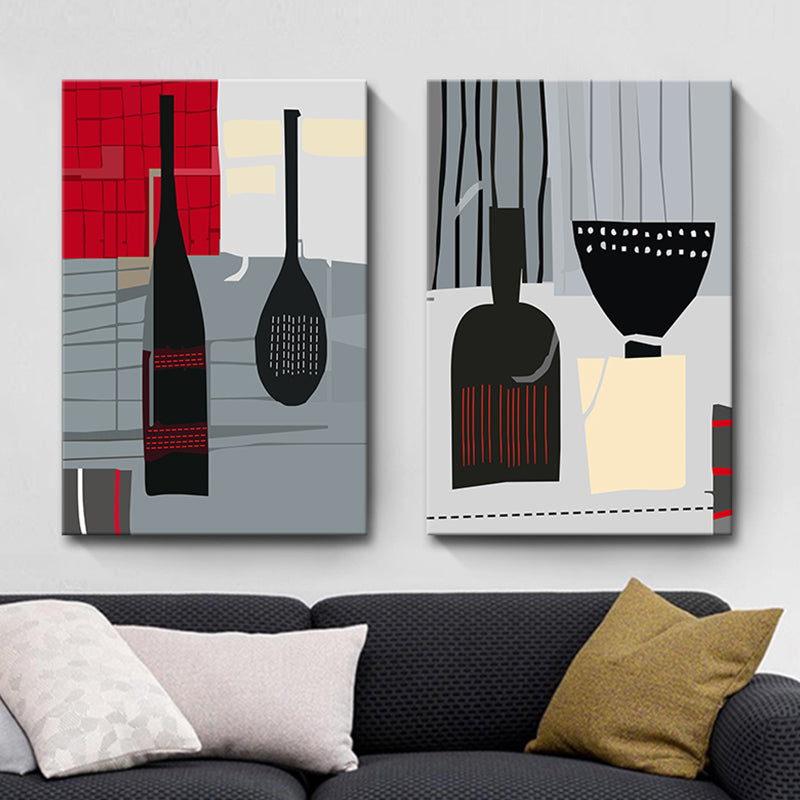 Scandinavian Wine Bottle Canvas Red and Grey Textured Wall Art Print for Living Room