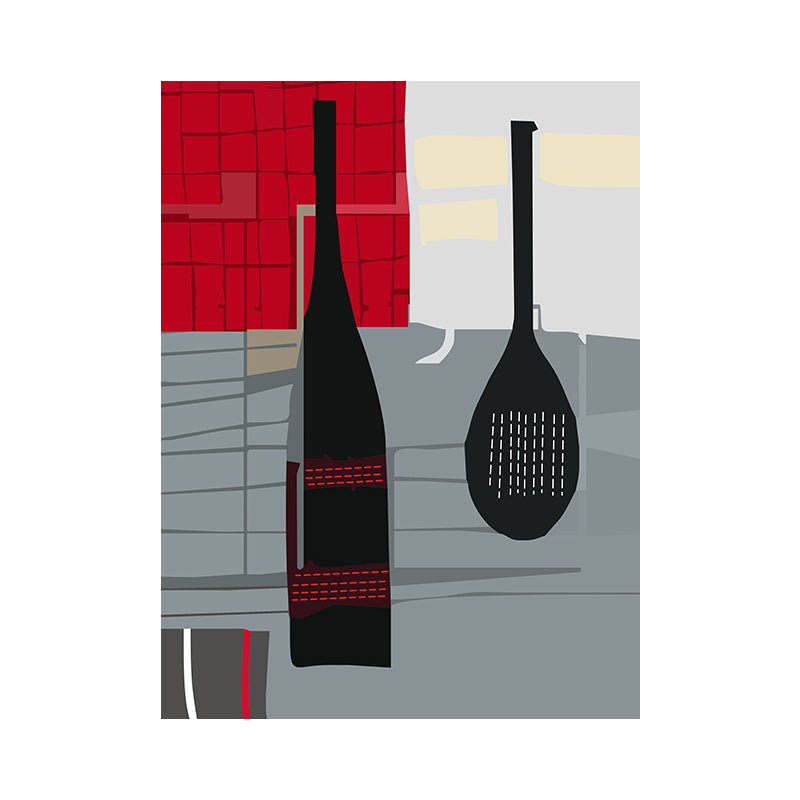 Scandinavian Wine Bottle Canvas Red and Grey Textured Wall Art Print for Living Room