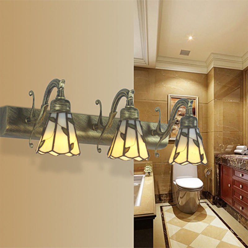 3 Heads Leaf Vanity Light Rustic Loft Stained Glass Makeup Mirror Light with Linear Backplate in Copper/Antique Brass/Gold