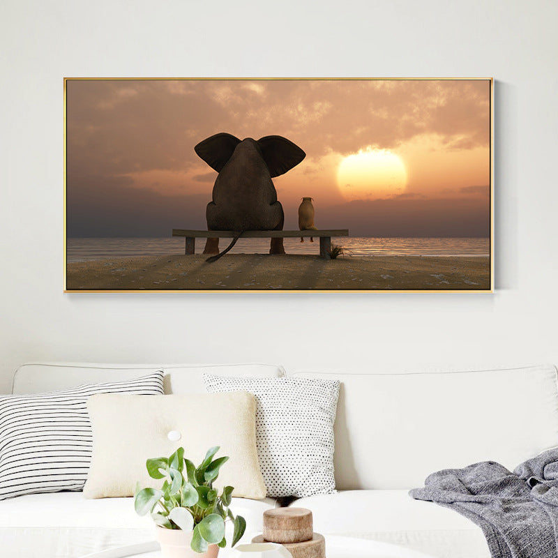 Peinture contemporaine de chambre à coucher de couleur douce d’éléphant et de chien, tailles multiples