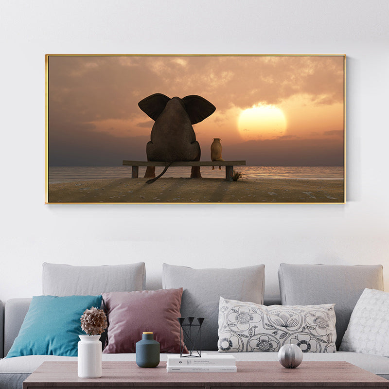 Peinture contemporaine de chambre à coucher de couleur douce d’éléphant et de chien, tailles multiples