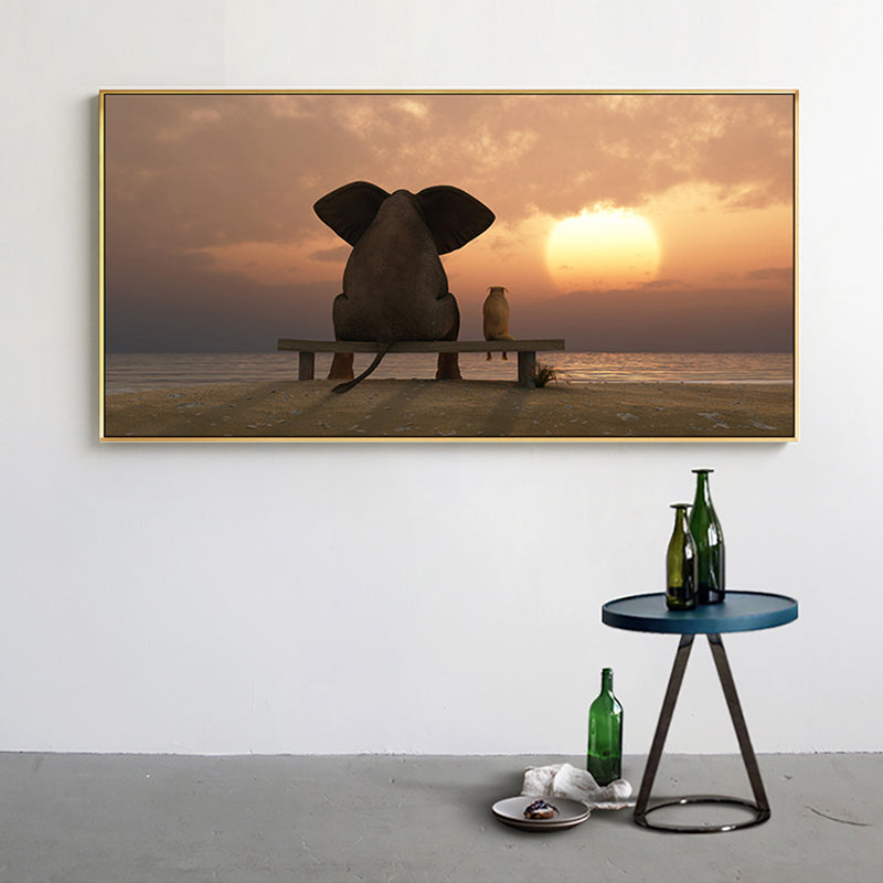 Peinture contemporaine de chambre à coucher de couleur douce d’éléphant et de chien, tailles multiples