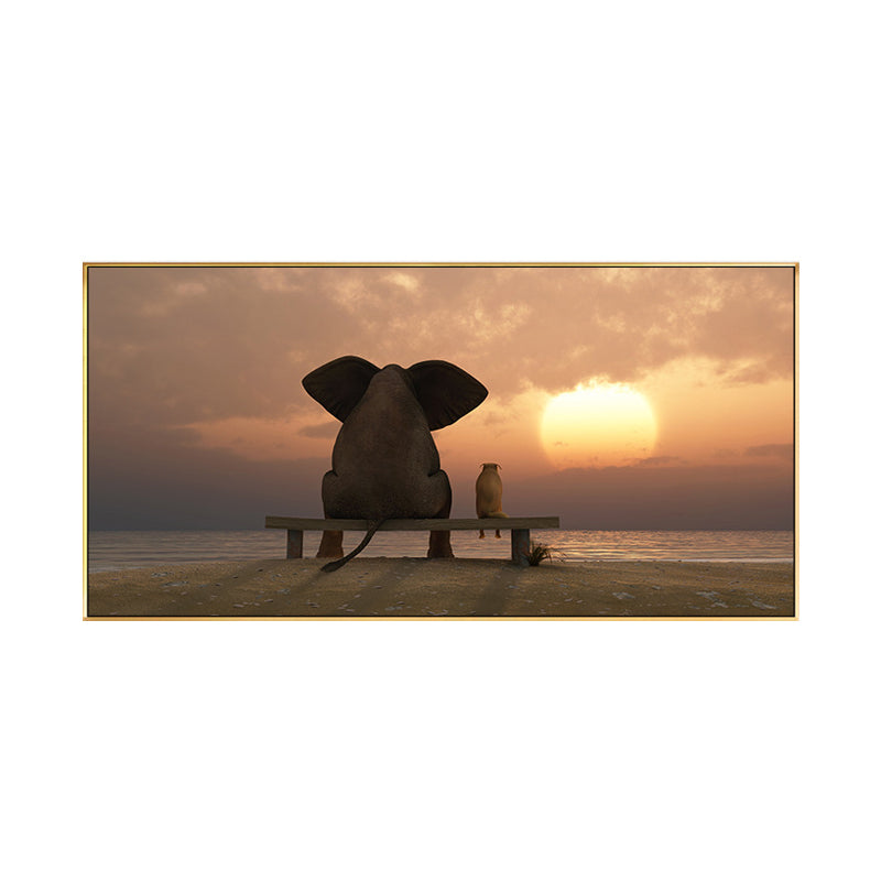 Peinture contemporaine de chambre à coucher de couleur douce d’éléphant et de chien, tailles multiples