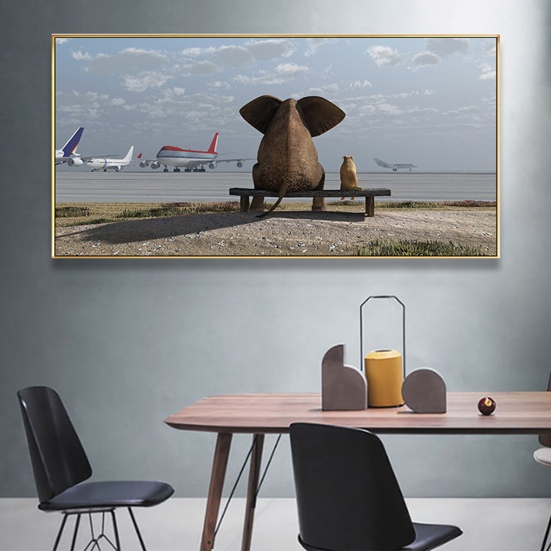 Peinture contemporaine de chambre à coucher de couleur douce d’éléphant et de chien, tailles multiples