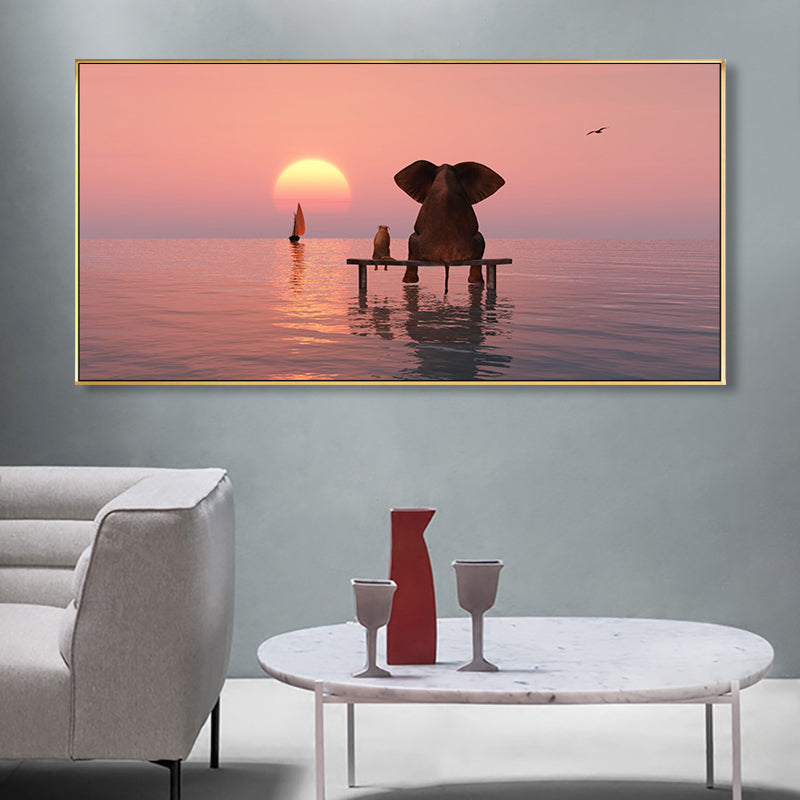 Peinture contemporaine de chambre à coucher de couleur douce d’éléphant et de chien, tailles multiples