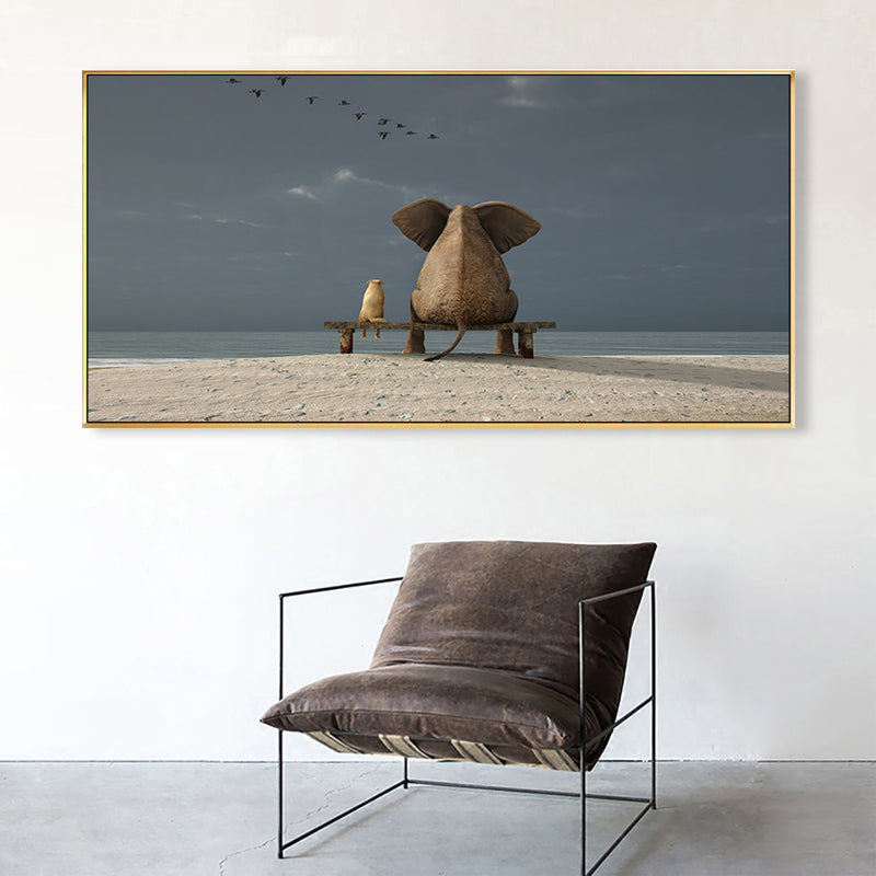 Peinture contemporaine de chambre à coucher de couleur douce d’éléphant et de chien, tailles multiples
