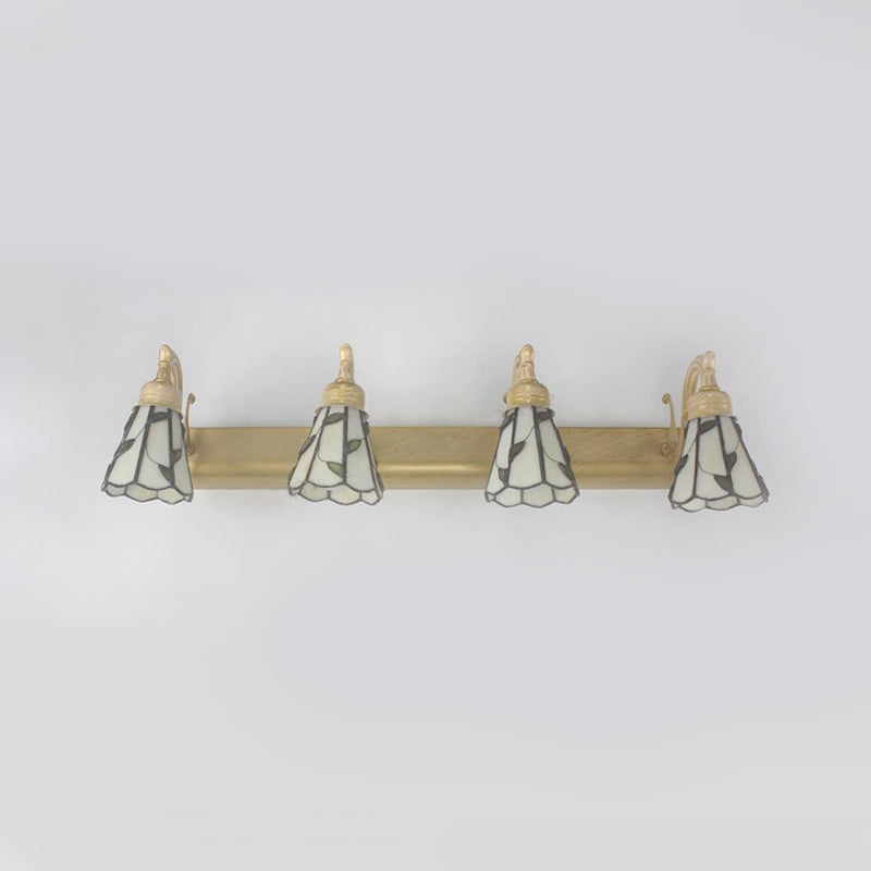 Rustic Bathroom Lighting with Leaf Pattern Stained Glass 4 Lights Wall Sconce Lamp in Copper/Antique Brass/Beige
