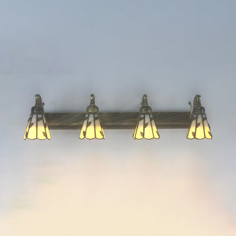 Rustic Bathroom Lighting with Leaf Pattern Stained Glass 4 Lights Wall Sconce Lamp in Copper/Antique Brass/Beige