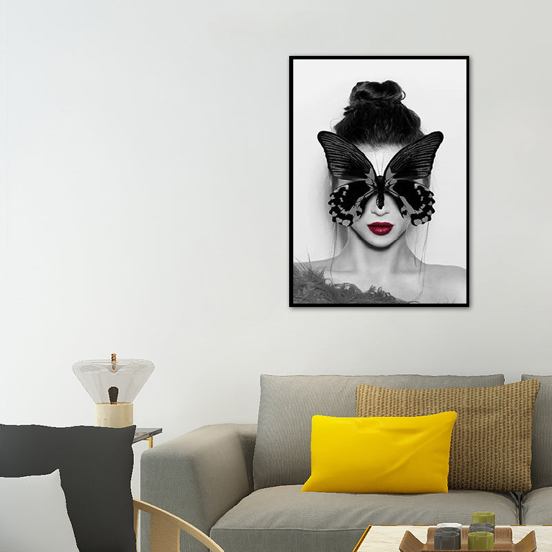 Schmetterlingsmaske Mädchen Wanddekoration Vintage Leinwand Strukturgemälde in Grau, mehrere Größen