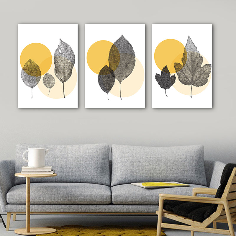 Textured Yellow Canvas Art Scandinavian Style Leaves Printed Wall Decor, Set of 3