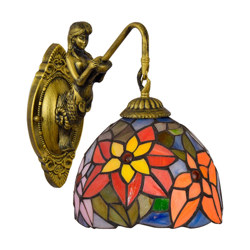 Orange Red Flower Wall Light Fixture Tiffany 1 Head Multicolor Stained Glass Sconce Light