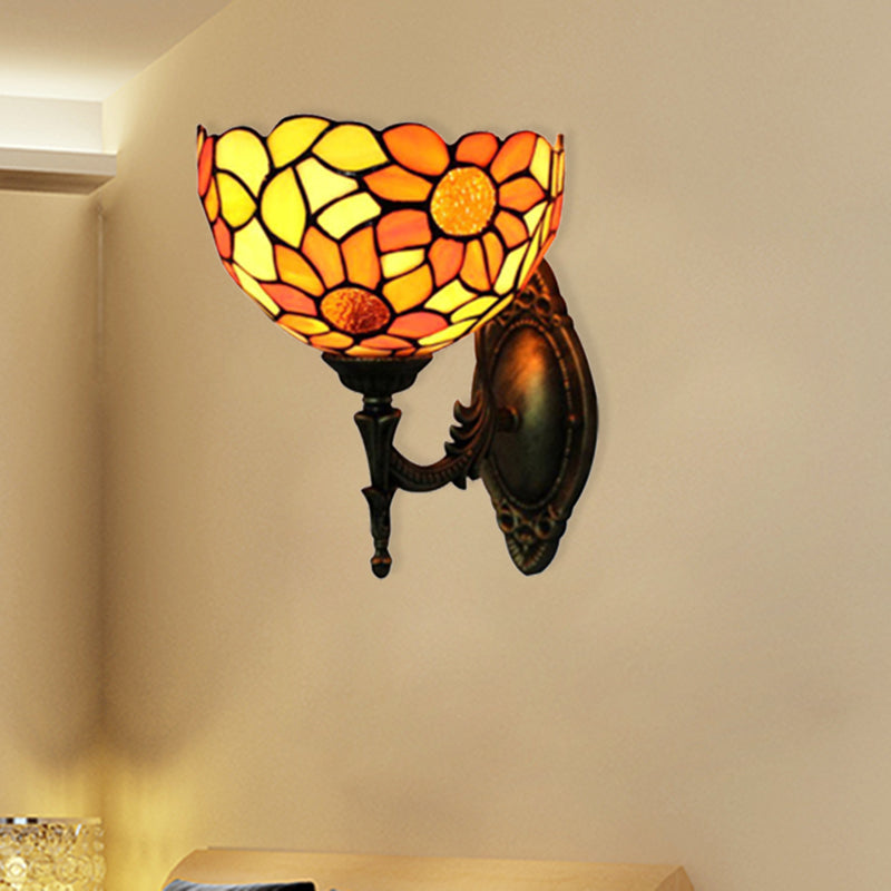 Stained Glass Sunflower Wall Sconce Kitchen 1 Head Rustic Tiffany Wall Lamp in Orange