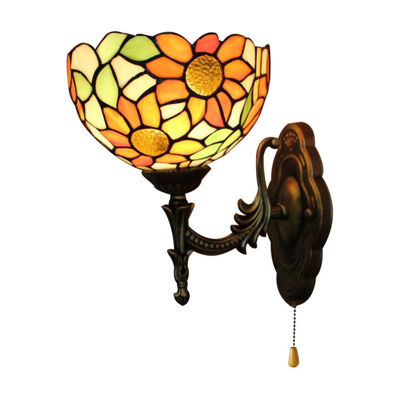 Stained Glass Sunflower Sconce Light 1 Light Rustic Tiffany Wall Lamp in Orange for Library