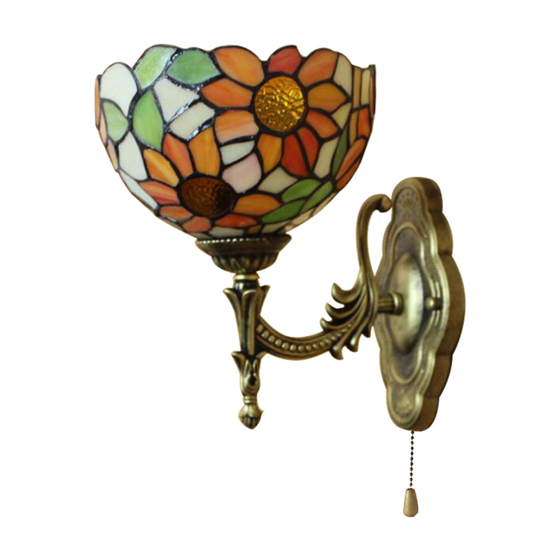Stained Glass Sunflower Sconce Light 1 Light Rustic Tiffany Wall Lamp in Orange for Library