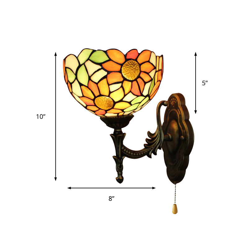 Stained Glass Sunflower Sconce Light 1 Light Rustic Tiffany Wall Lamp in Orange for Library