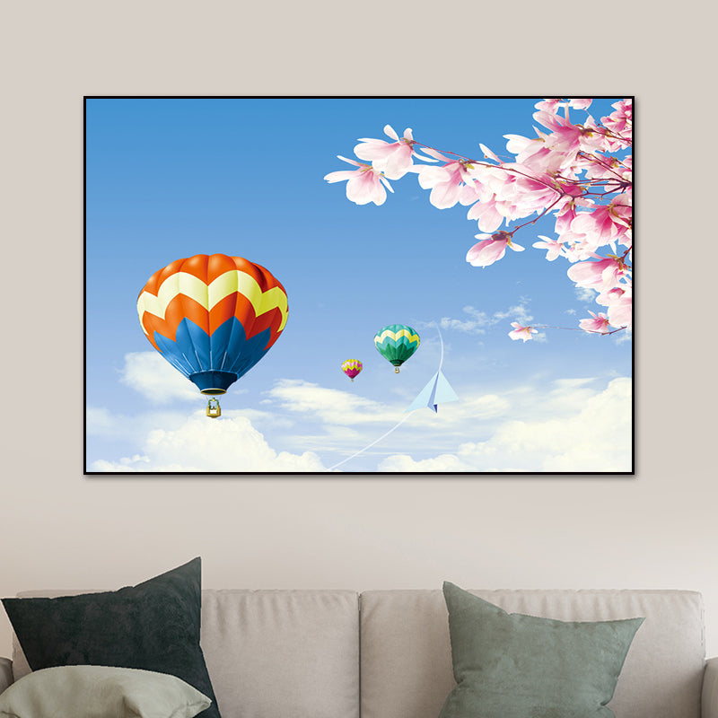 Canvas Pastel Wall Art Cartoon Scenery with Hot Air Balloon Wall Decor for Bedroom