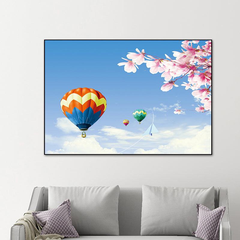Canvas Pastel Wall Art Cartoon Scenery with Hot Air Balloon Wall Decor for Bedroom