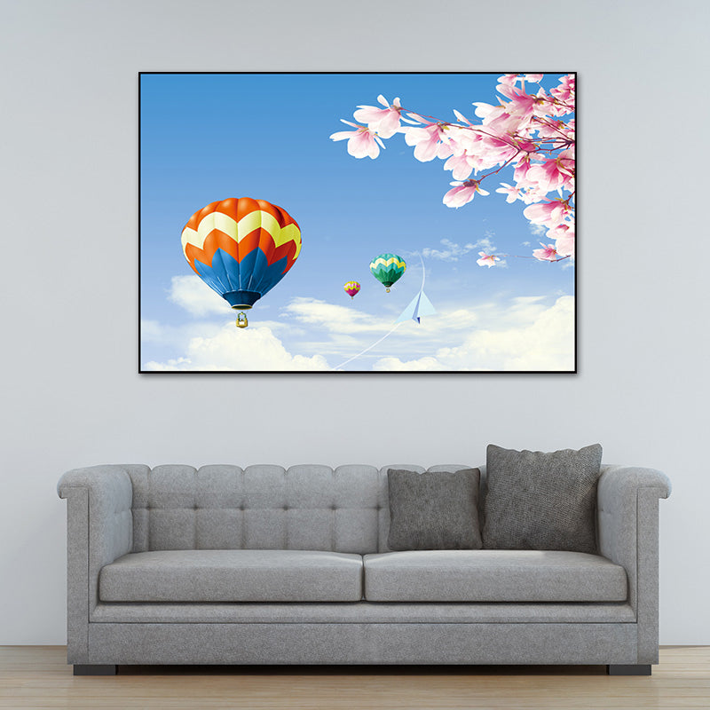 Canvas Pastel Wall Art Cartoon Scenery with Hot Air Balloon Wall Decor for Bedroom