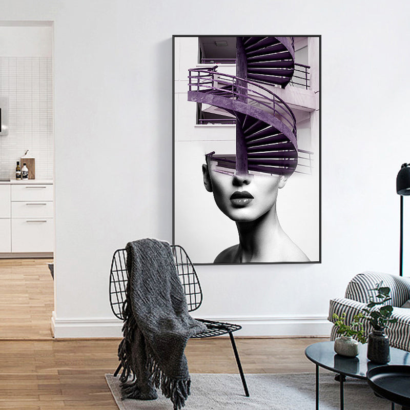 Stair and Girl Canvas Print Textured Contemporary Style for Girls Bedroom Painting