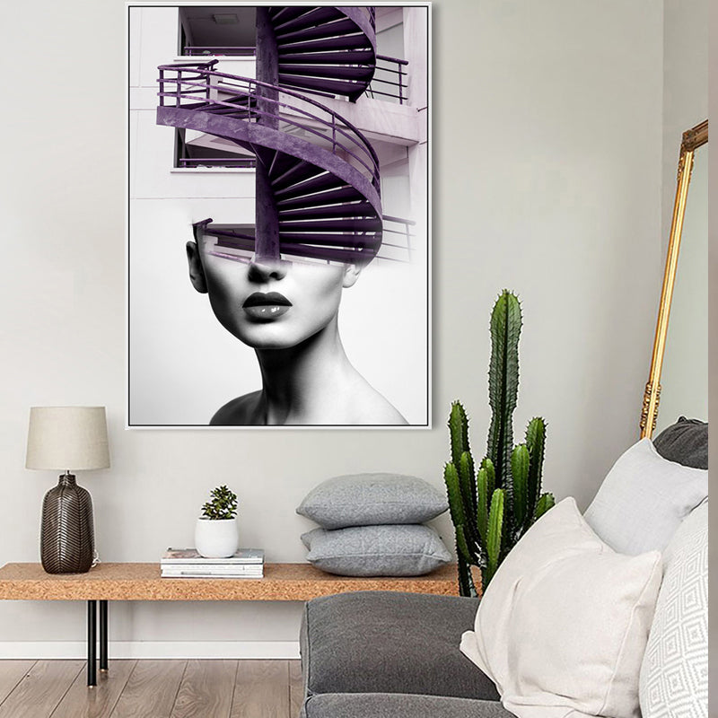 Stair and Girl Canvas Print Textured Contemporary Style for Girls Bedroom Painting
