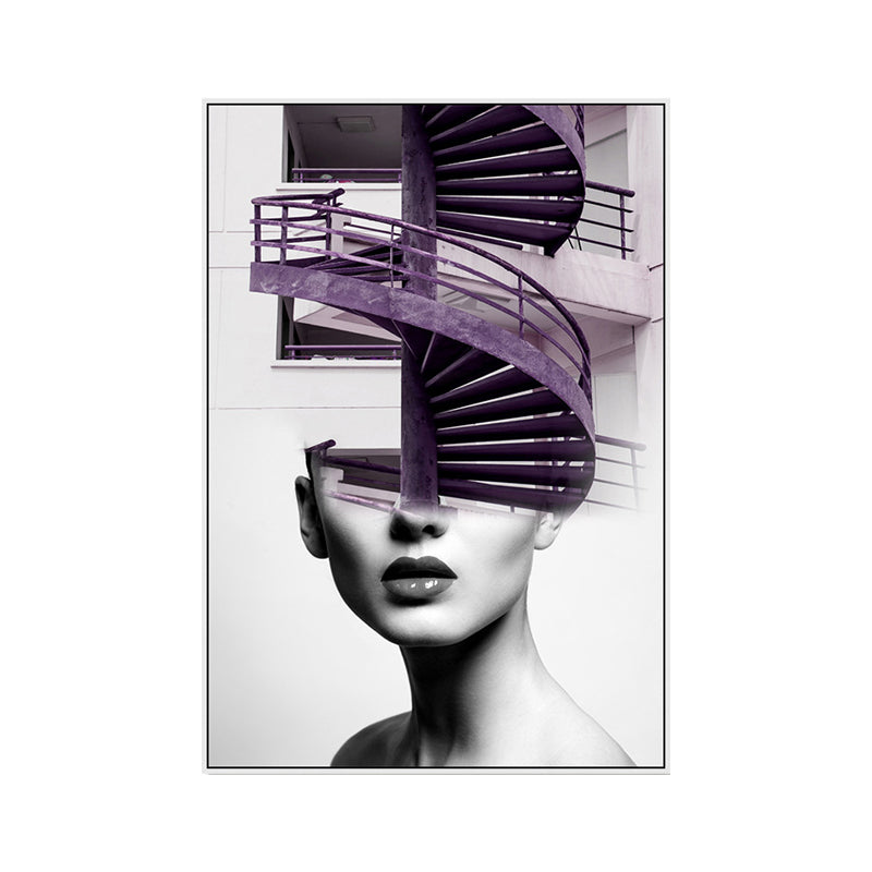 Stair and Girl Canvas Print Textured Contemporary Style for Girls Bedroom Painting