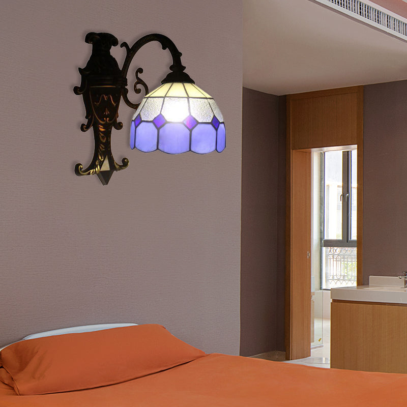 1 Light Grid Dome Wall Sconce Tiffany Vintage Glass Wall Light in Blue for Dining Room