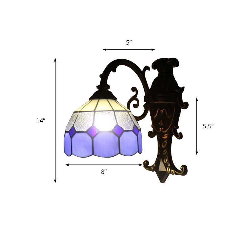 1 Light Grid Dome Wall Sconce Tiffany Vintage Glass Wall Light in Blue for Dining Room