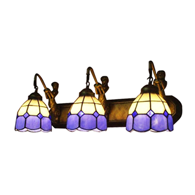 Blue Glass Grid Patterned Sconce Light Tiffany 3 Heads Antique Brass Wall Mounted Light