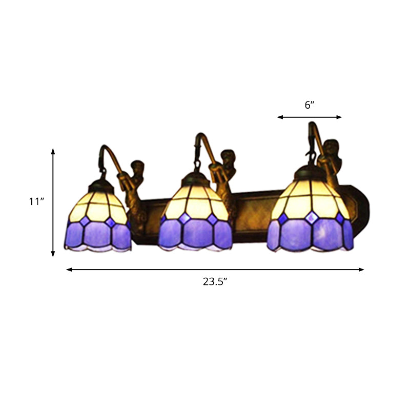 Blue Glass Grid Patterned Sconce Light Tiffany 3 Heads Antique Brass Wall Mounted Light