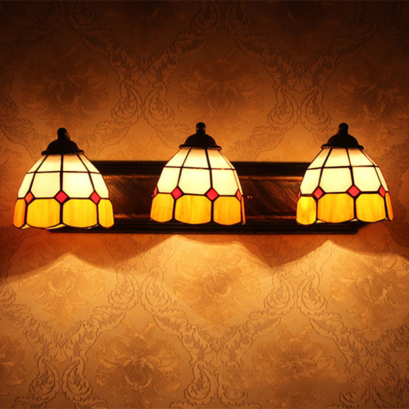 Grid Patterned Wall Mount Light Tiffany Orange and White Glass 3 Heads Bronze Sconce Light