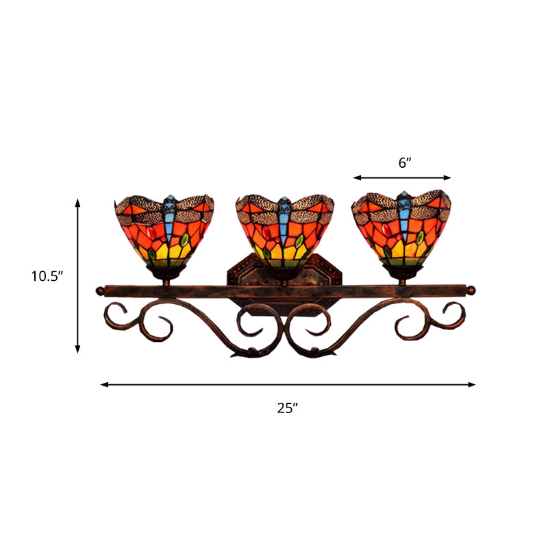 Stained Glass Dragonfly Wall Light Restaurant 3 Lights Tiffany Vintage Wall Lamp in Orange