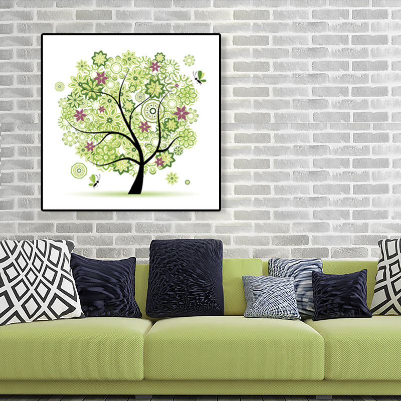 Illustration Tree Wall Art Print Green Kids Style Canvas for Living Room, Textured