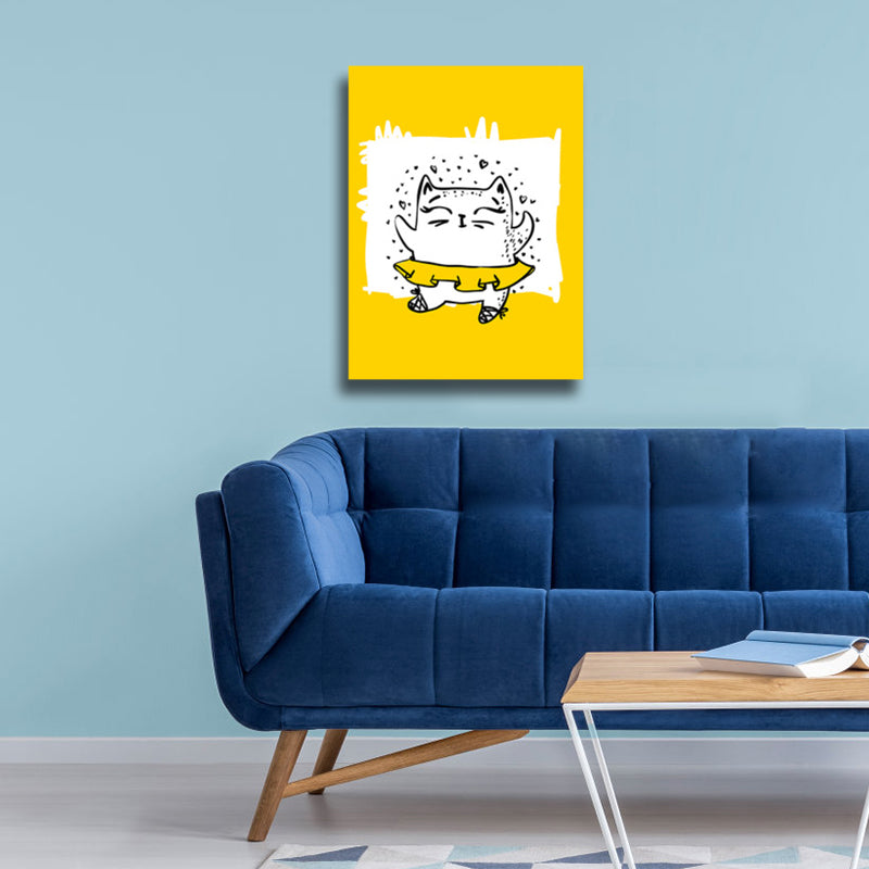 Illustrated Catamount Art Print Kids Style Canvas Wall Decor in Soft Color for Room