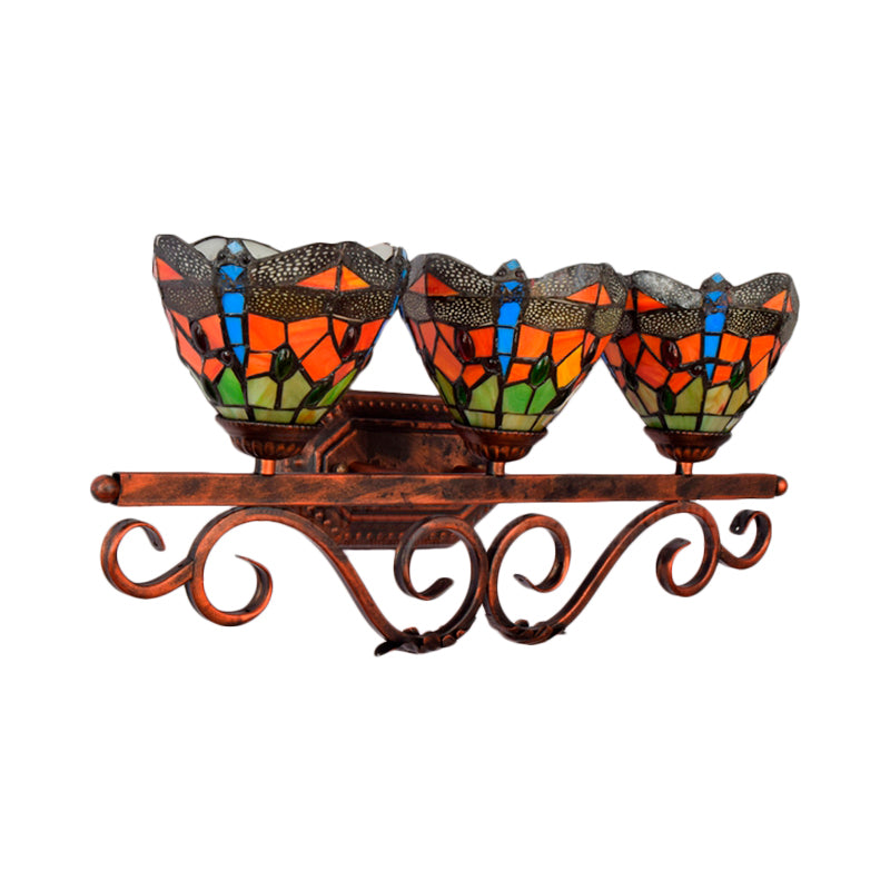 Stained Glass Peacock Wall Light 3 Lights Tiffany Classic Wall Sconce in Pink/Orange/Blue for Bedroom Lighting