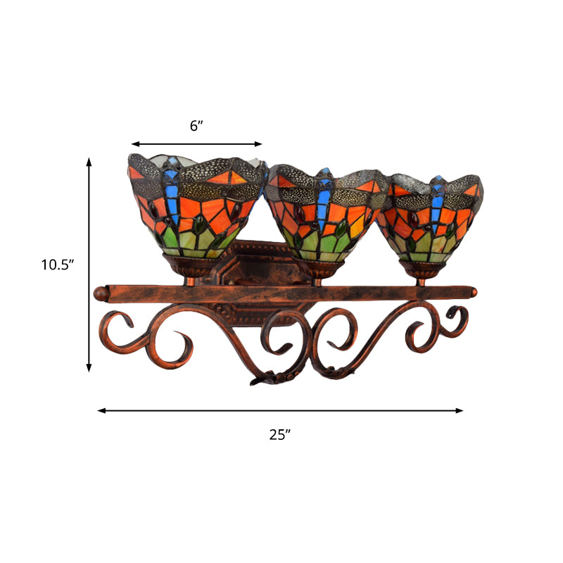 Stained Glass Peacock Wall Light 3 Lights Tiffany Classic Wall Sconce in Pink/Orange/Blue for Bedroom Lighting