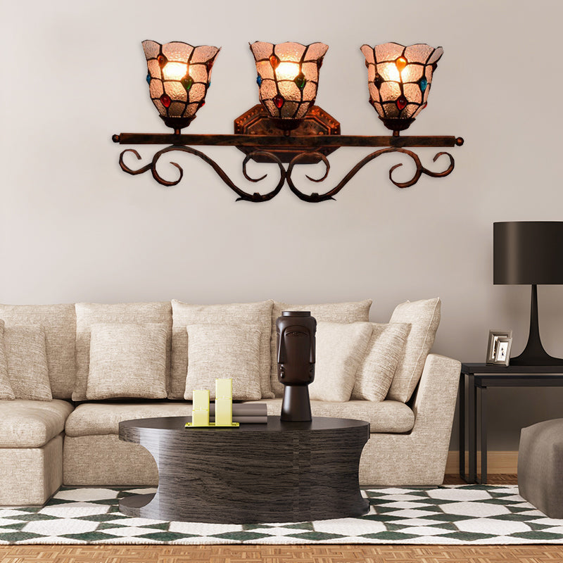Cafe Lattice Bell Wall Light with Jewelry Glass 3 Heads Tiffany Vintage Clear Wall Lamp in Copper
