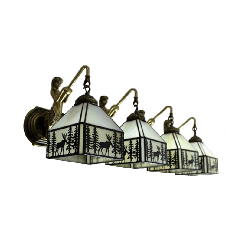Rustic Style Lodge Wall Light with Forest Deer 4 Lights Art Glass Wall Sconce in Beige with Mermaid for Cafe