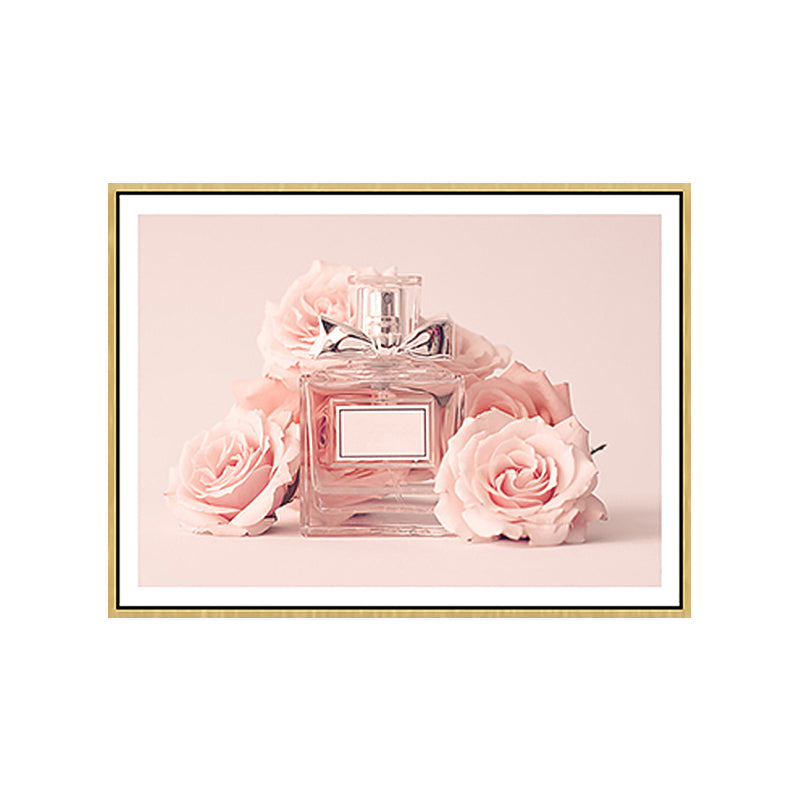 Pink Floral Perfume Canvas Print Photography Glam Style Textured Painting for Bedroom