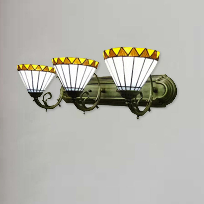 White Shuttlecock Wall Light with Yellow Edge 3 Lights Tiffany Wall Lamp for Living Room