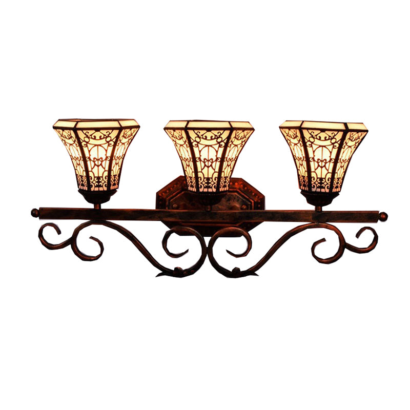 Glass Pattern Bell Sconce Light Study Room 3 Lights Tiffany Antique Wall Light in Beige