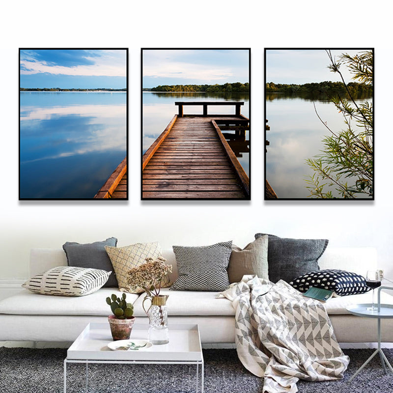 Multi-Piece Pastel Canvas Art Modern Photo Wooden Bridge to Sea Scene Wall Decor
