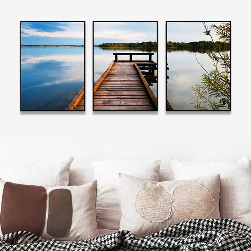Multi-Piece Pastel Canvas Art Modern Photo Wooden Bridge to Sea Scene Wall Decor