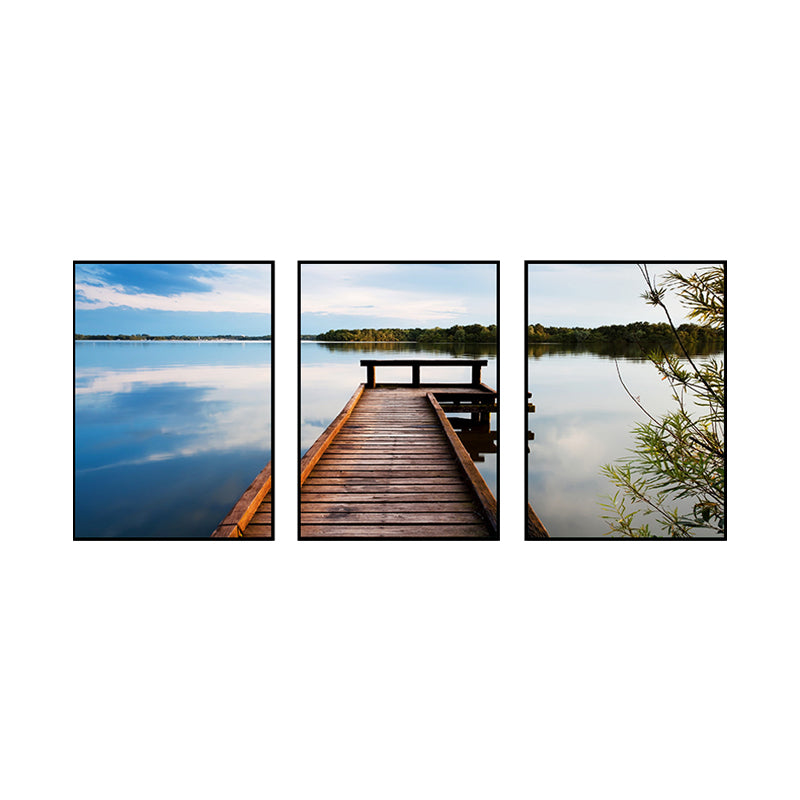 Multi-Piece Pastel Canvas Art Modern Photo Wooden Bridge to Sea Scene Wall Decor